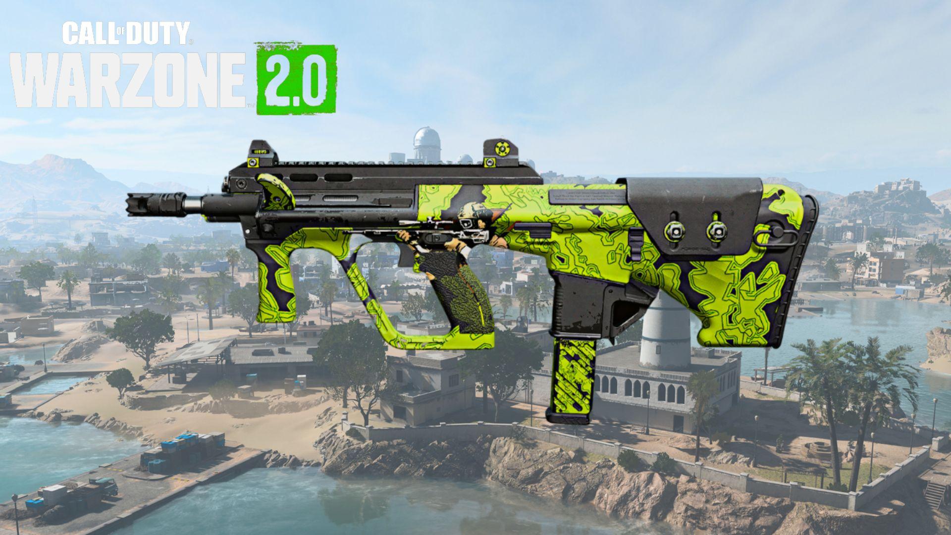 MX9 in green Warzone 2 skin on top of al Mazrah map