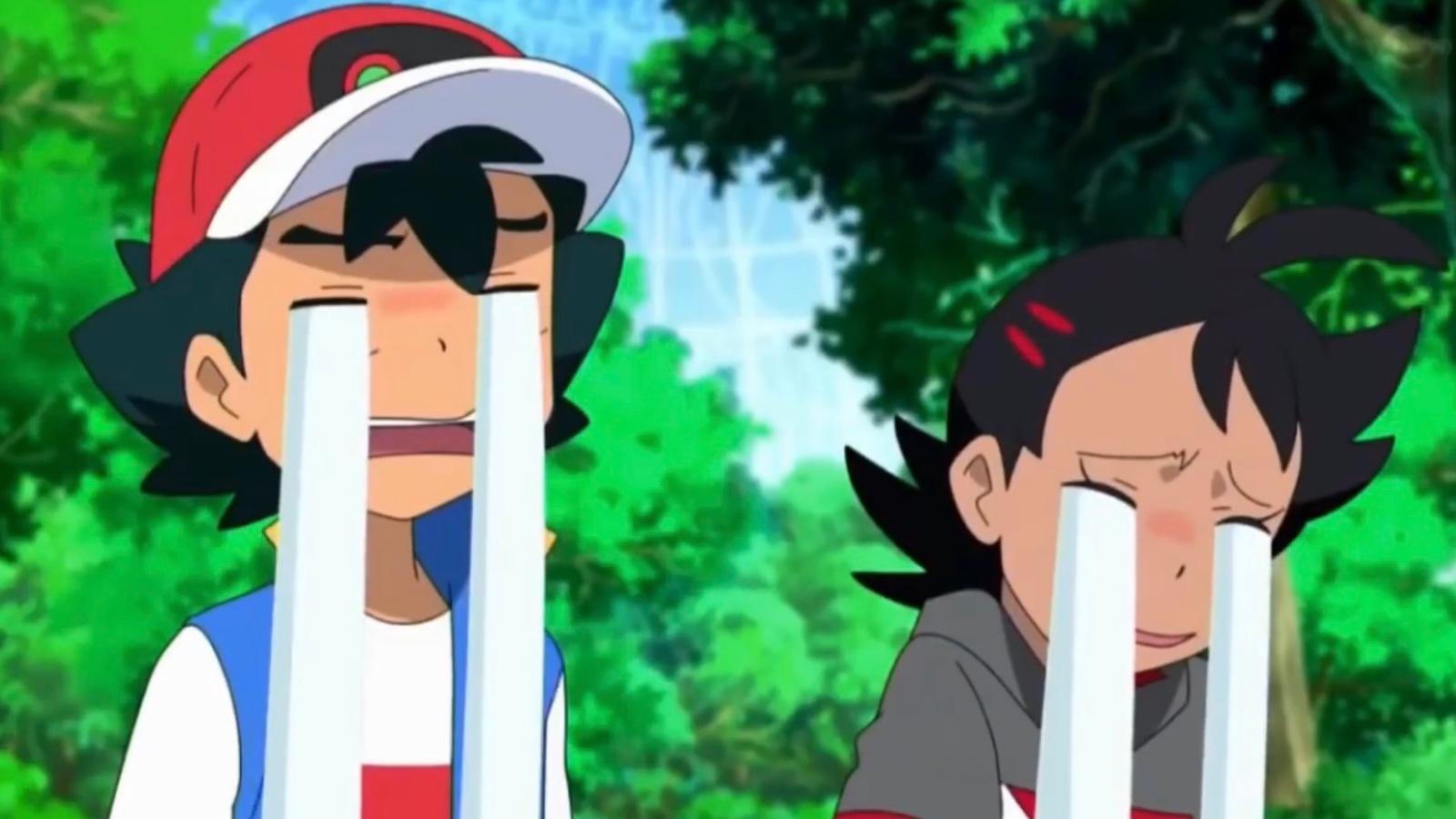 Ash and Goh crying in Pokemon anime