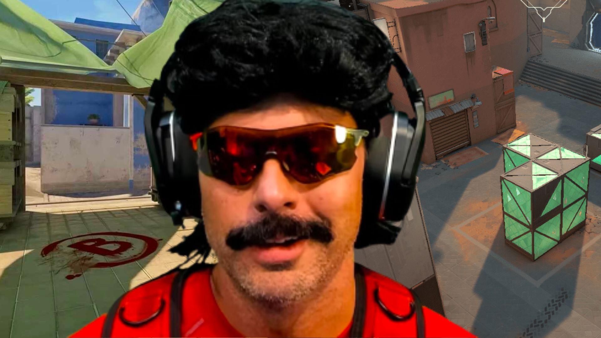 Dr Disrespect sat in front of Mirage and Fracture from CS2 and Valorant