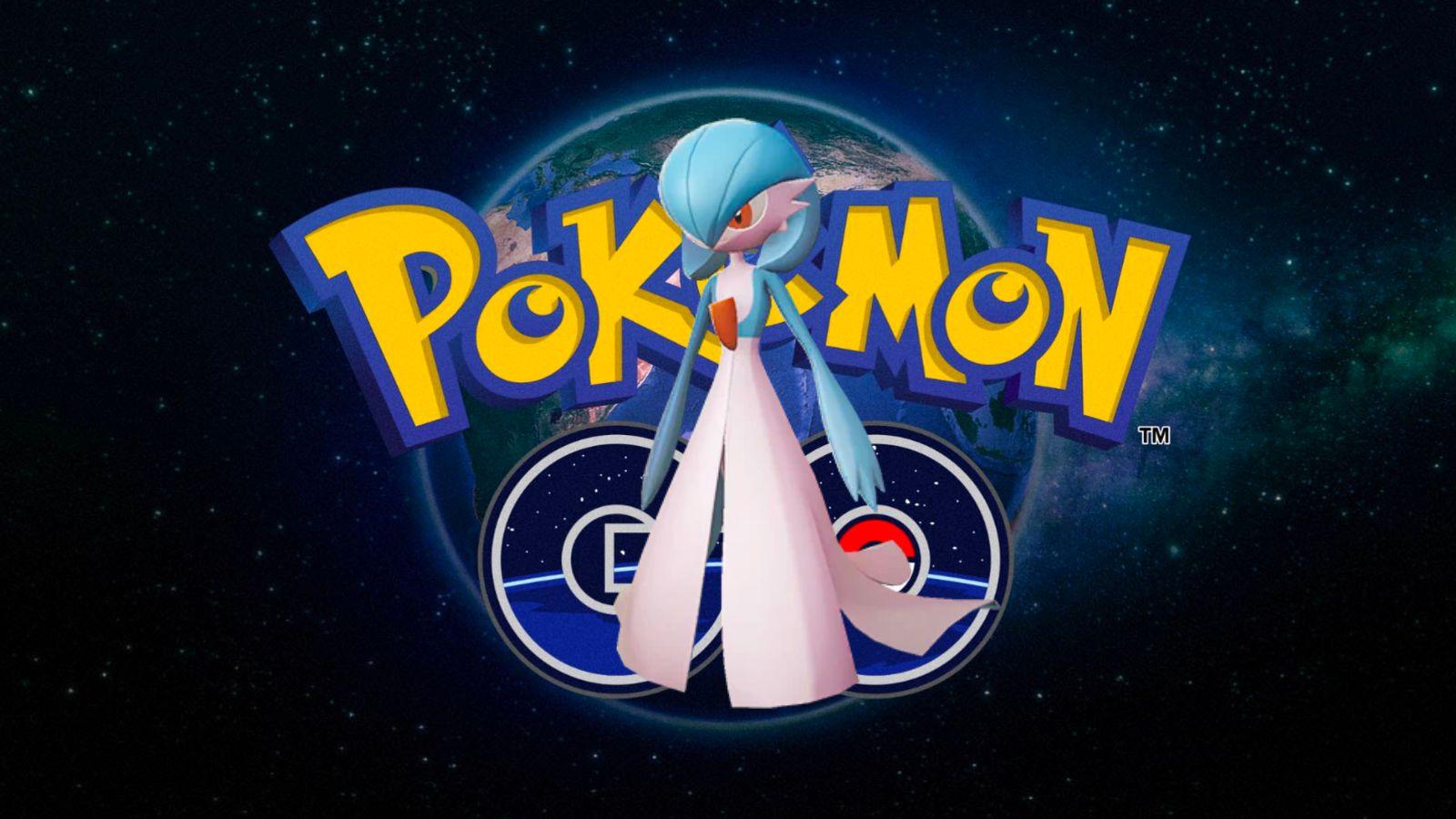 Shiny Gardevoir in front of Pokemon Go logo