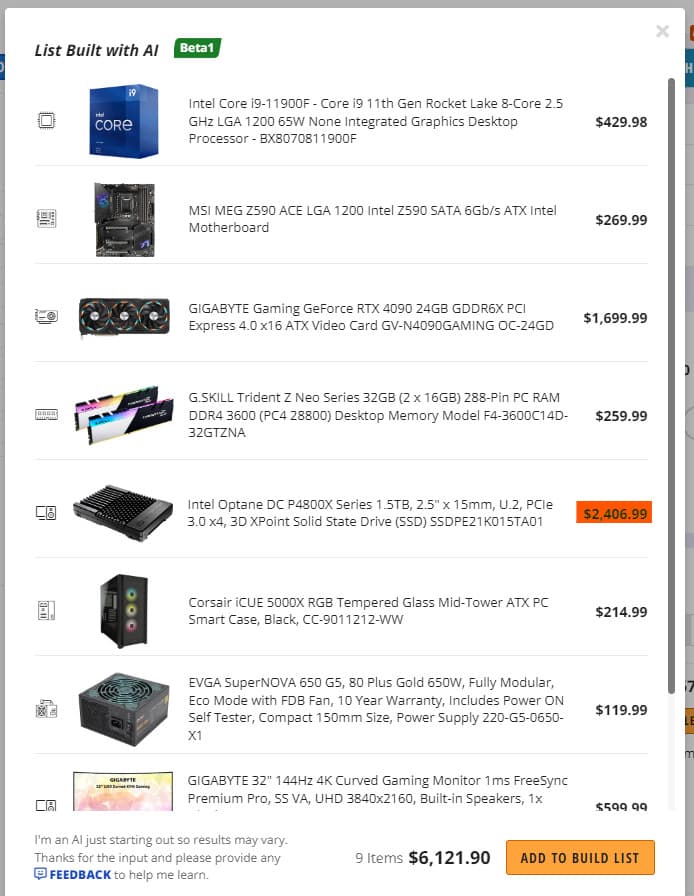 Newegg PC builder recommending $2500 SSD.