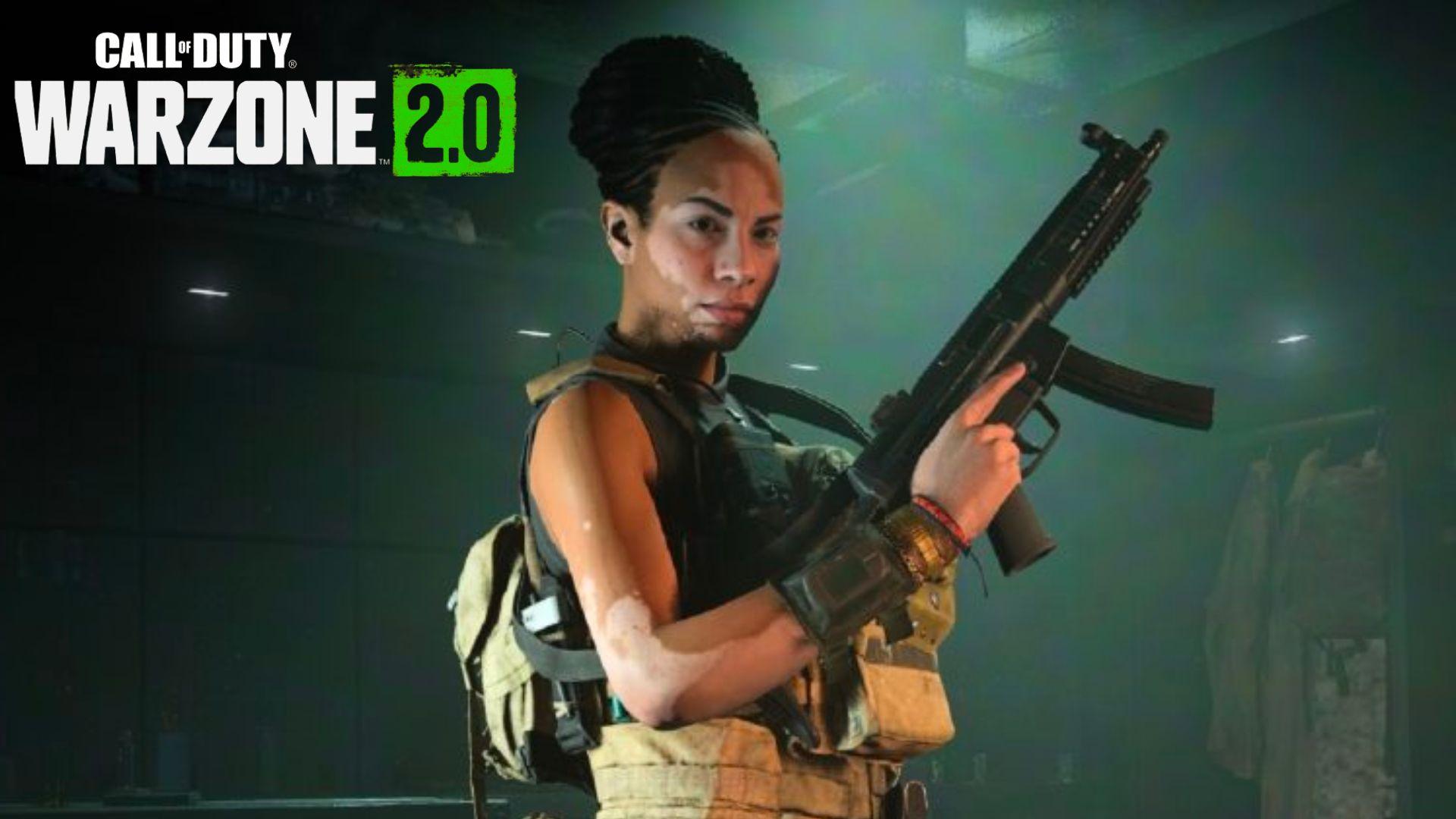 Female Warzone 2 character holding SMG up in hands