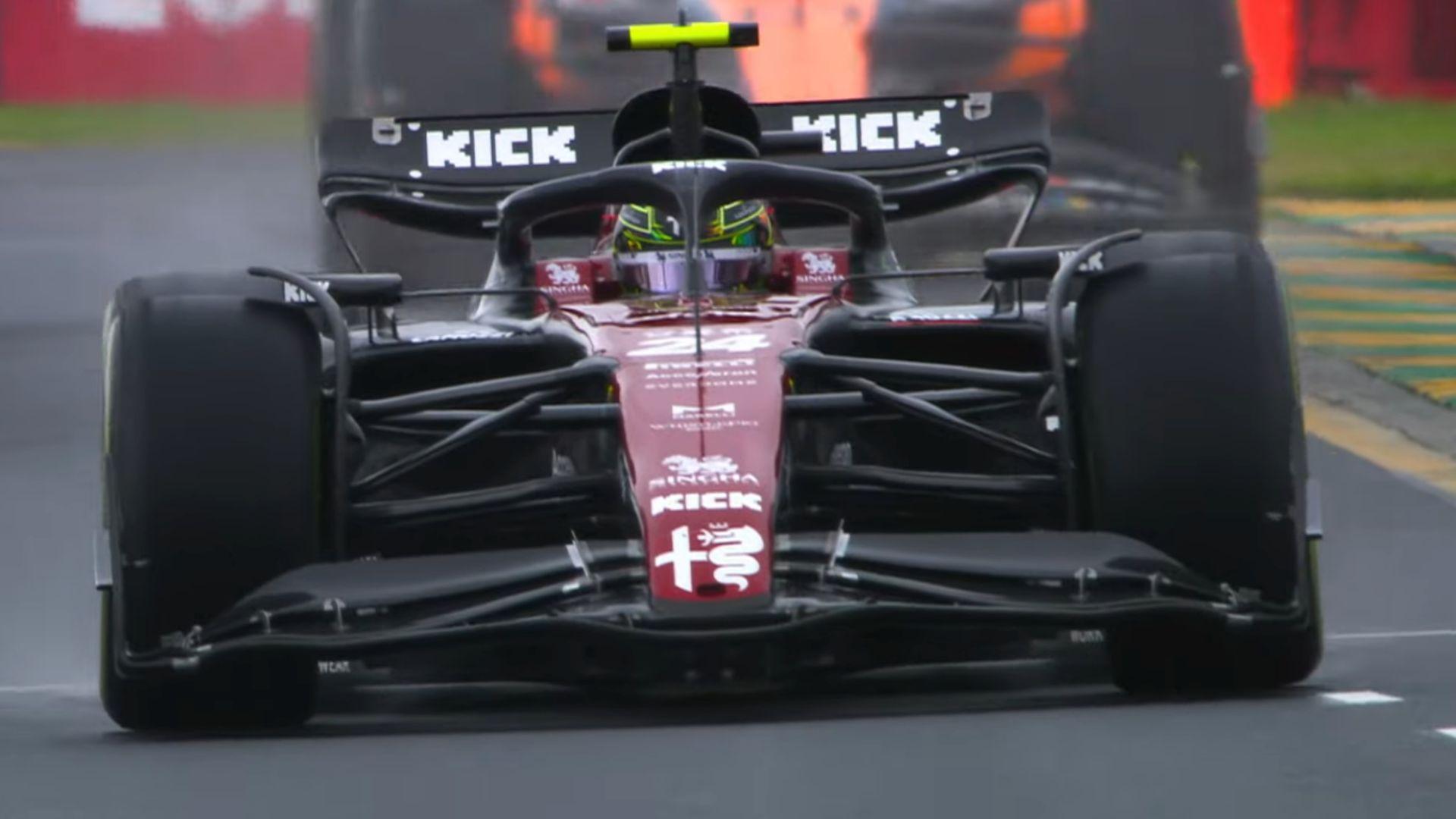 Screenshot of Alfa Romeo 2023 F1 car driving with Kick sponsor on rear wing
