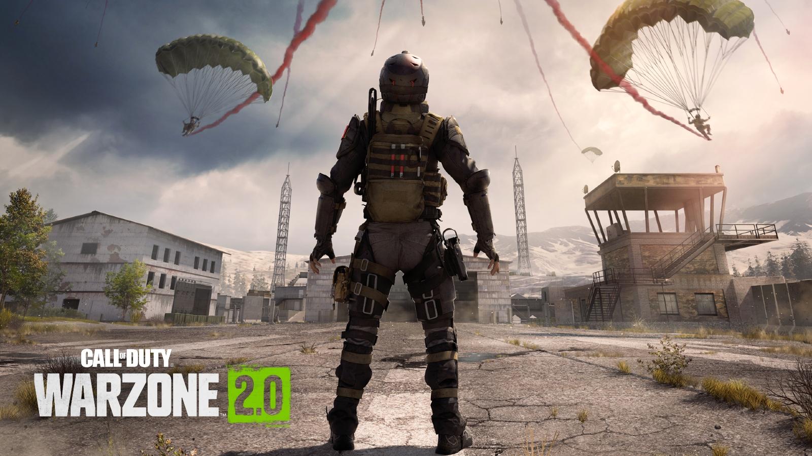Warzone 2 art with operator watching players parachuting in, with Warzone 2 logo in corner