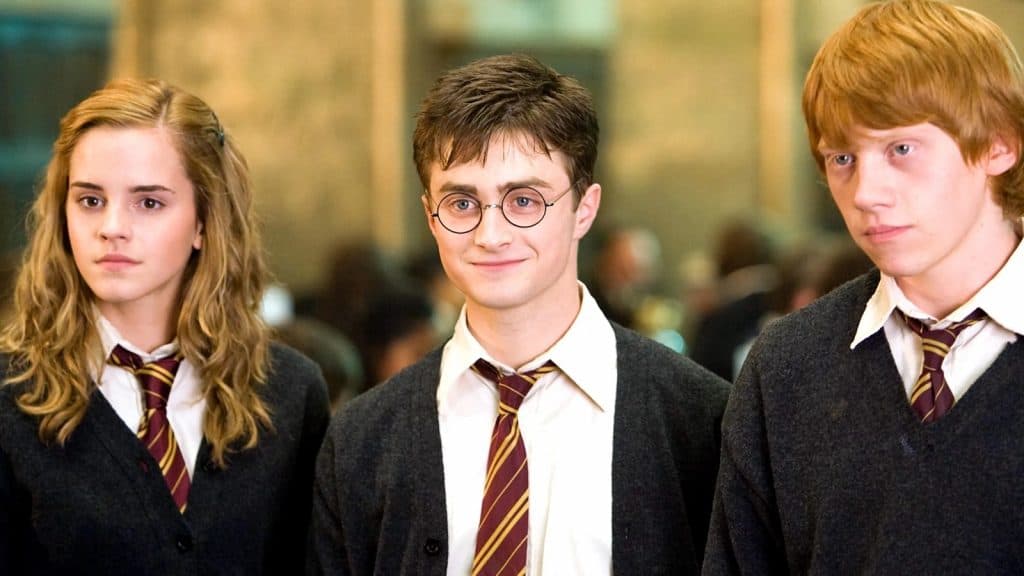 Emma Watson, Daniel Radcliffe dan Rupert Grint sebagai Hermione Granger, Harry Potter dan Ron Weasley