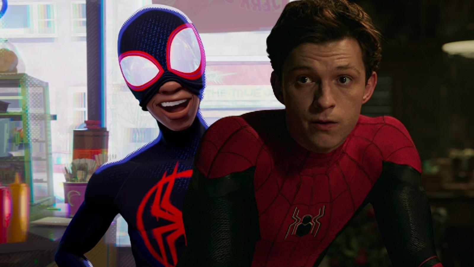 A still from Spider-Man: Across the Spider-Verse and Tom Holland in Spider-Man in No Way Home