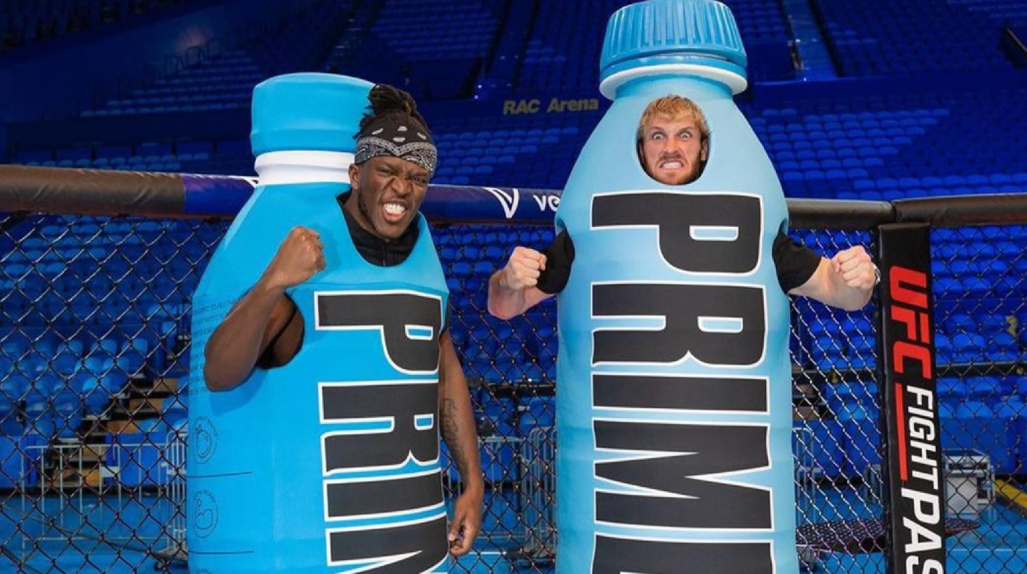 KSI and Logan Paul in Prime Hydration costumes