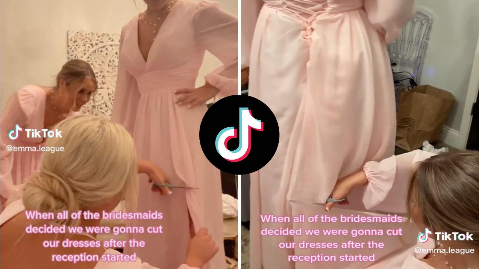 Bridesmaids cutting dresses shorter