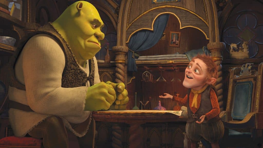 shrek and rumplestiltskin talking in Shrek 4