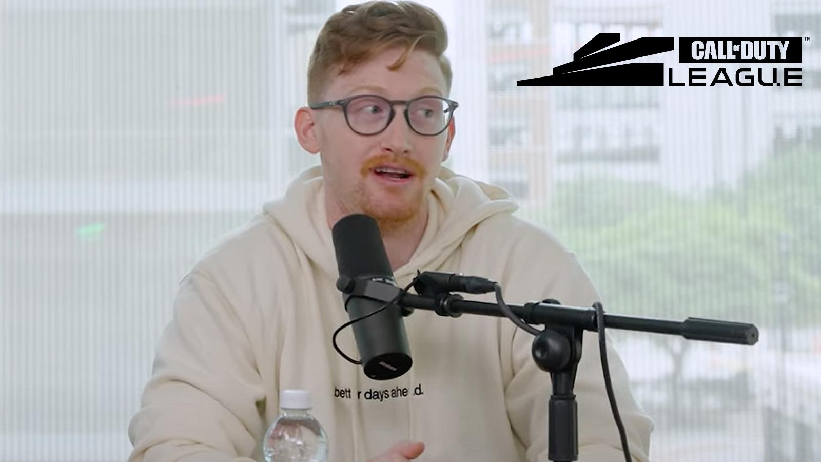 Scump speaking on OpTic podcast with Call of Duty League logo on top right hand corner