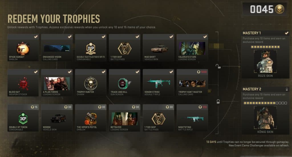 modern warfare 2 and warzone 2 trophy hunt event rewards