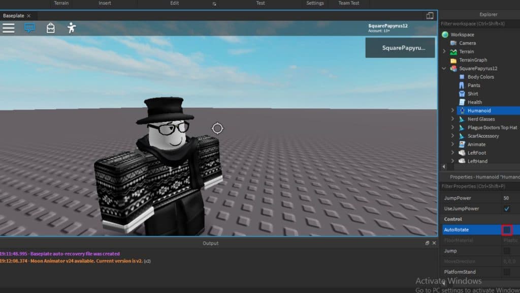 Developer mode screen in Roblox to toggle Shift Lock in the game