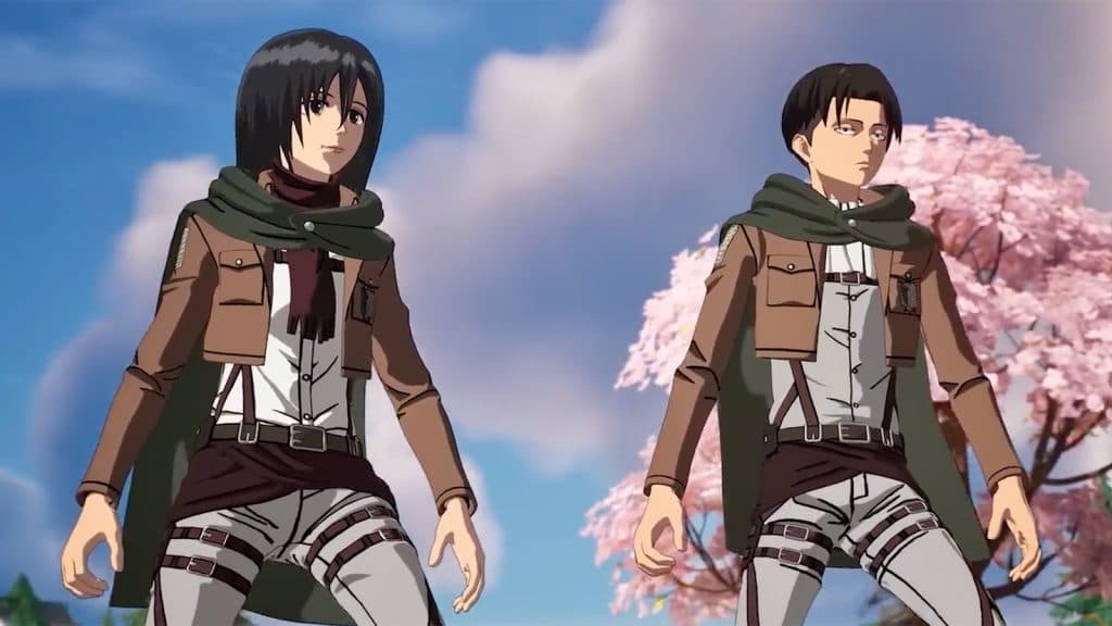 Mikasa and Levi skins from Attack on Titan in Fortnite
