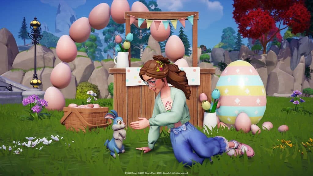 Disney Dreamlight Valley player surrounded by Eggstravaganza furniture