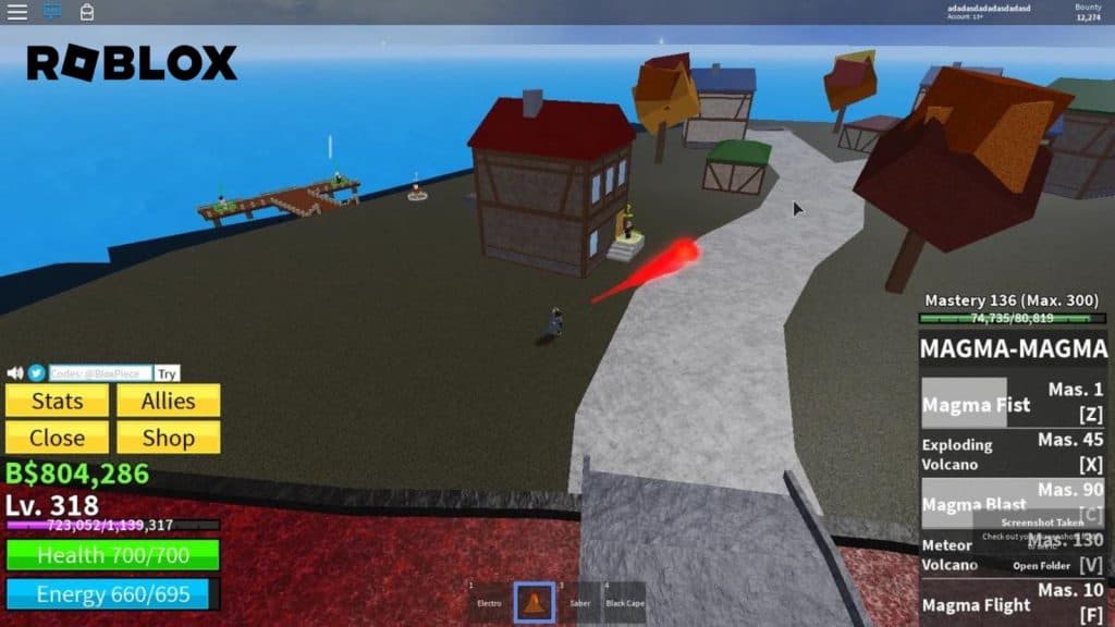 Player using the Magma Fruit in Roblox