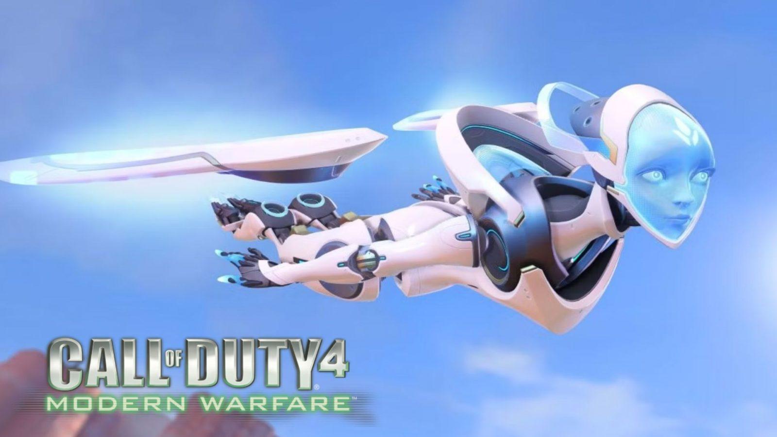 echo flying in sky with cod4 logo in overwatch 2