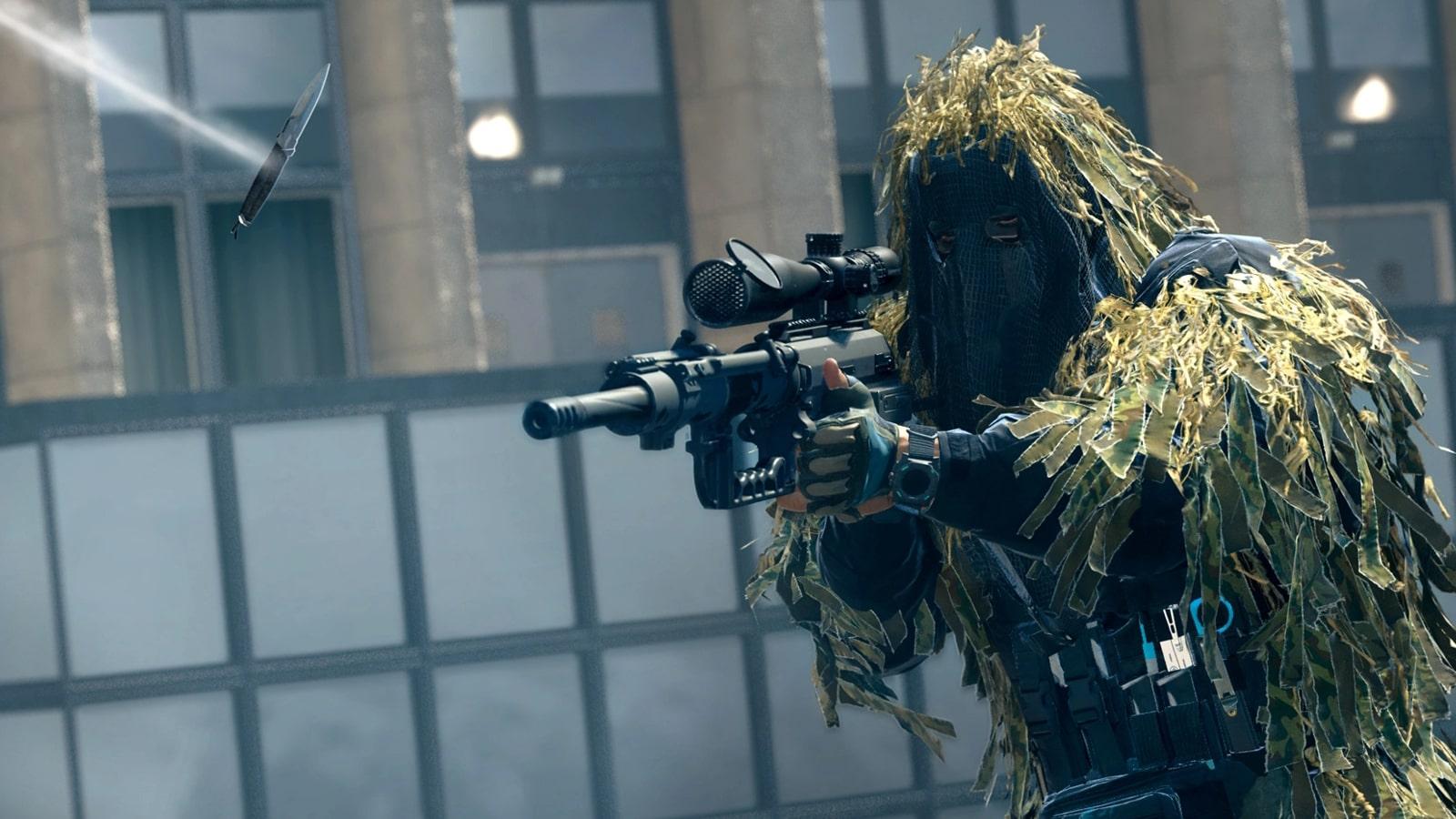 ghillie suit sniper aiming FJX Imperium with incoming throwing knife