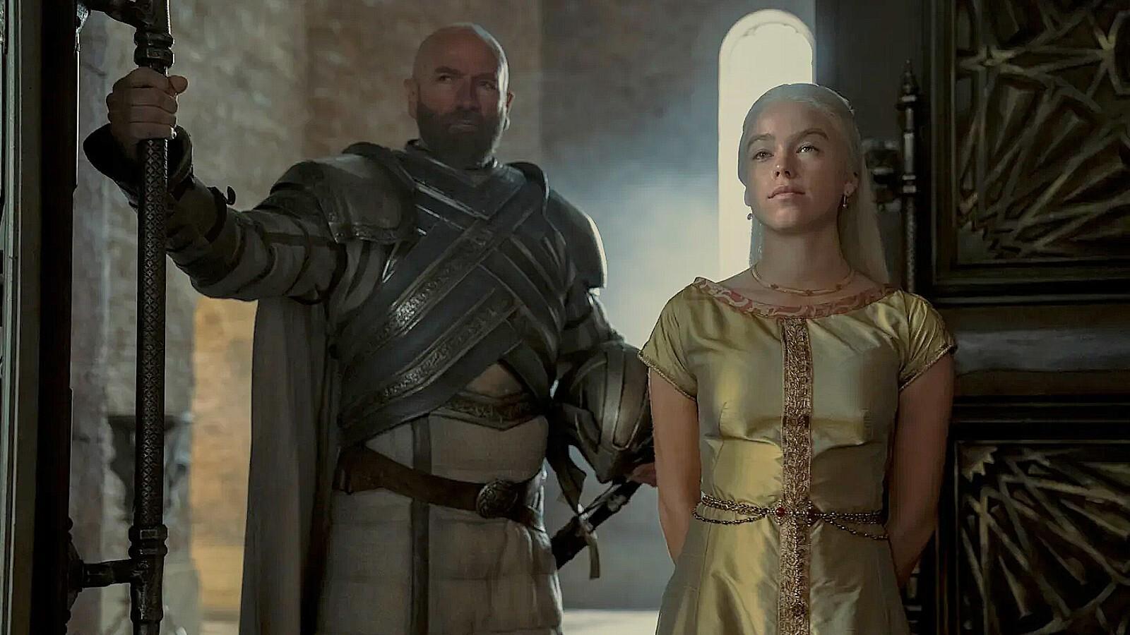 Graham McTavish as Harrold Westerling and Milly Alcock as Princess Rhaenyra in House of the Dragon