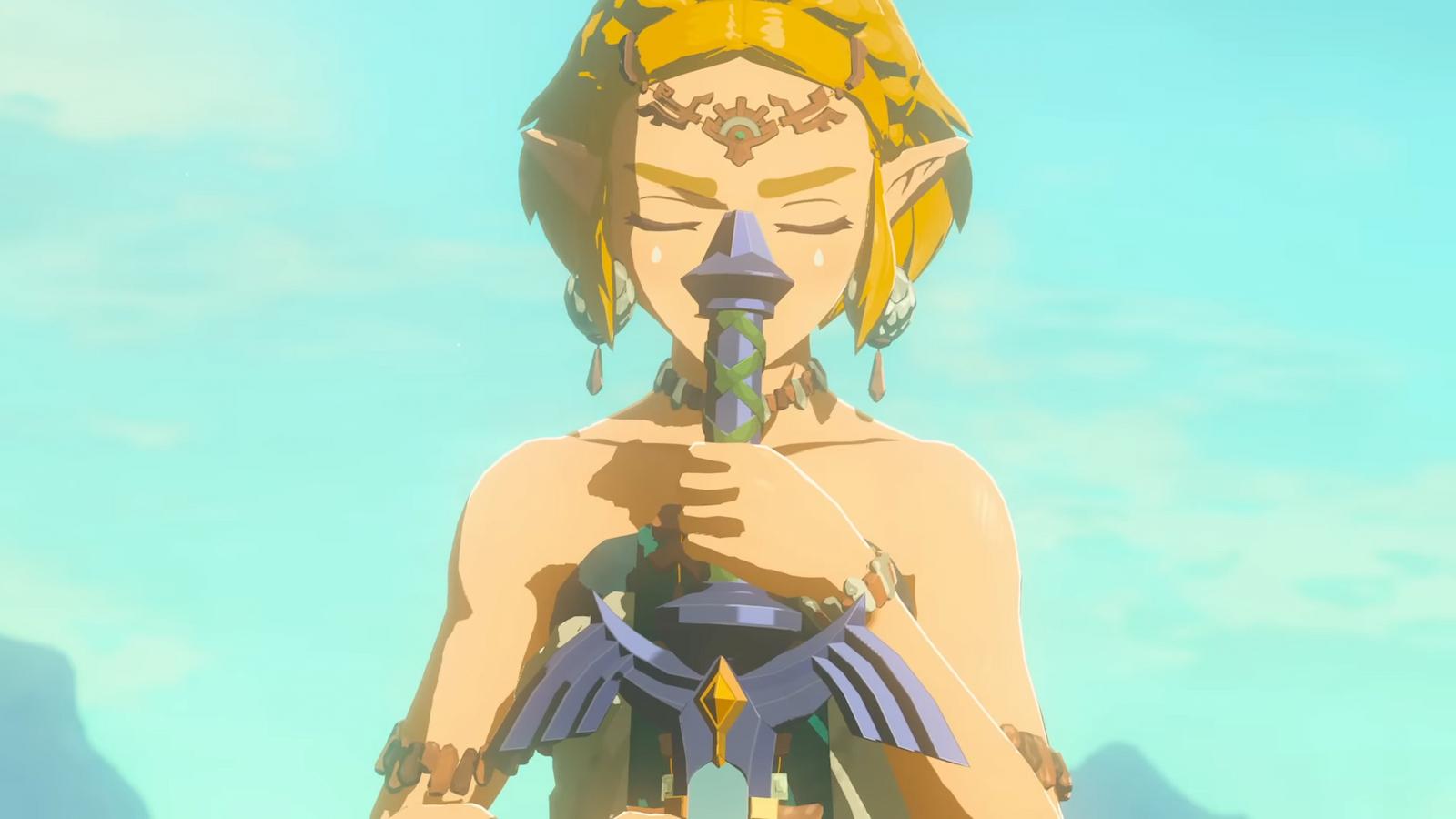Zelda holding the Master Sword in Tears of the Kingdom