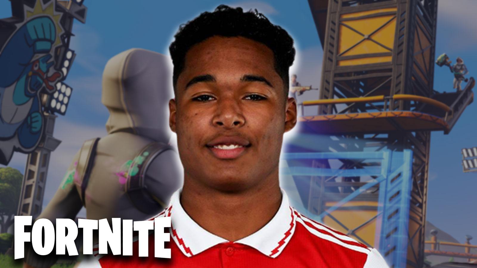 Fornite logo with Arsenal player Reuell Walters