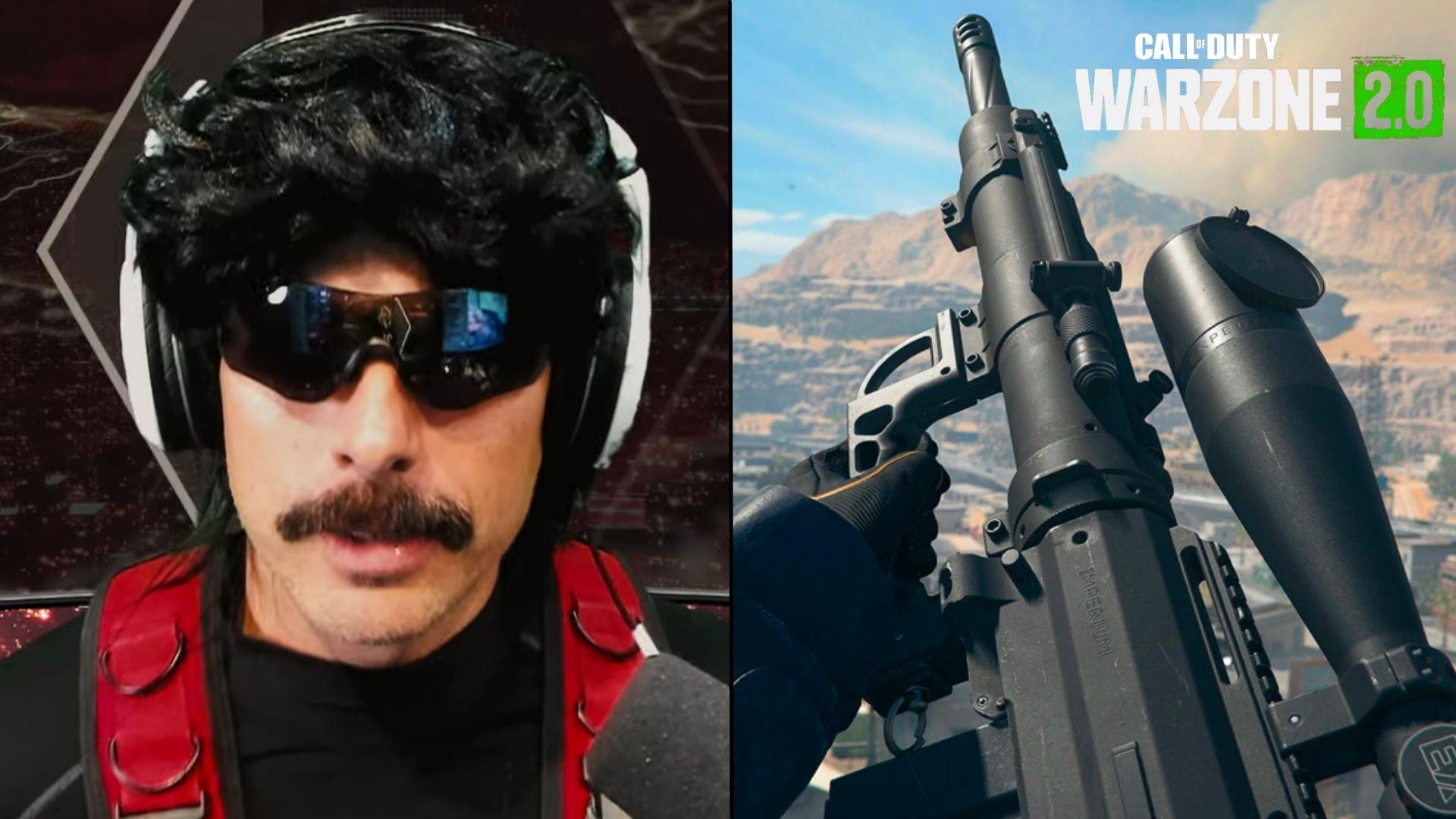 Dr Disrespect next to warzone sniper being pointed upwards