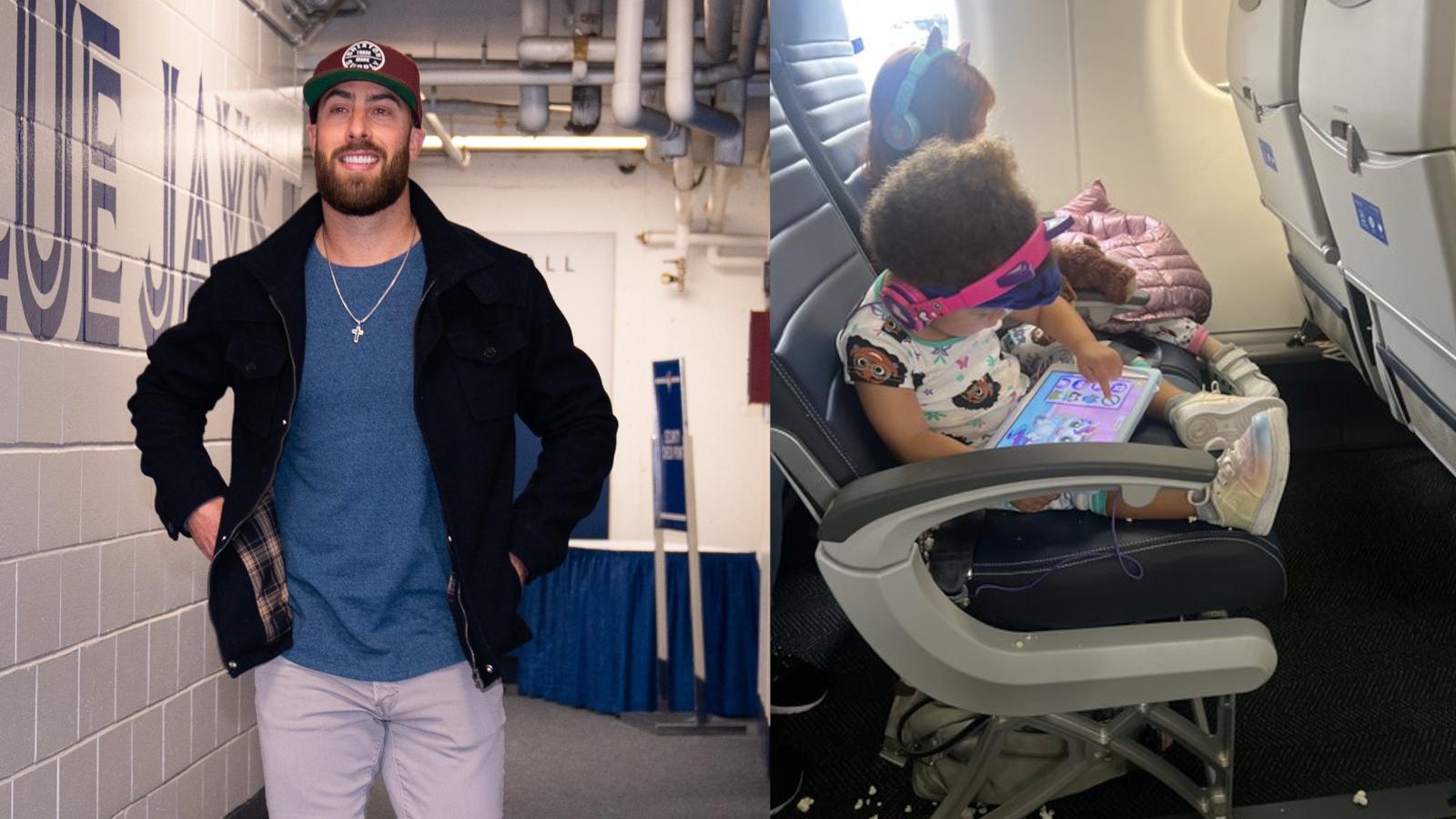 Anthony Bass (left), his daughters on an airplane (right)