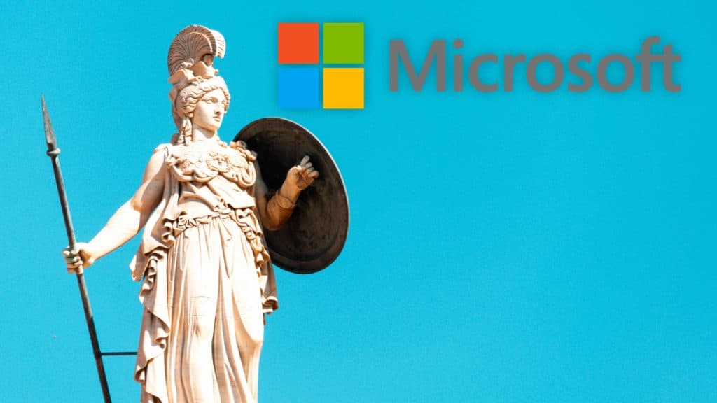 Microsoft logo next to a statue of Athena