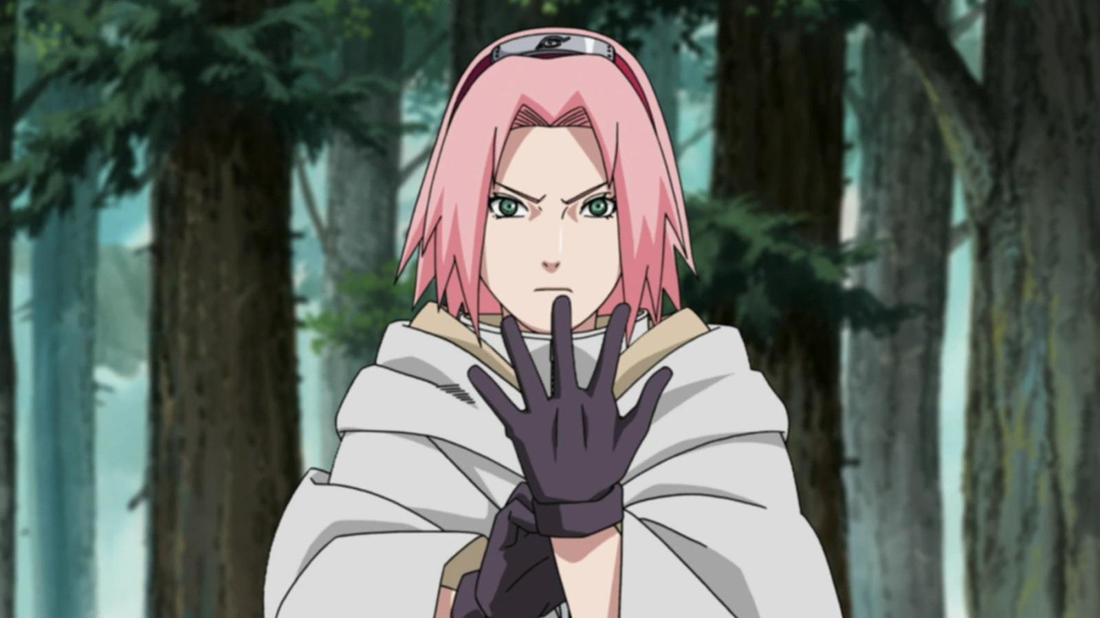 An image of Sakura from Naruto wearing her gloves before battle