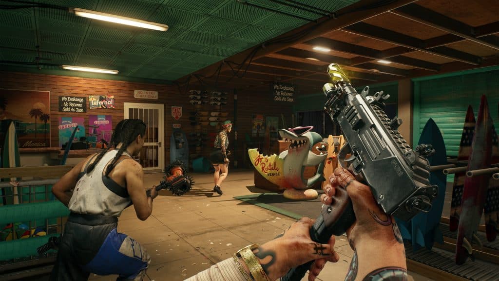 a player holds an uzi with a friend coming in to help against a horde of zombies.