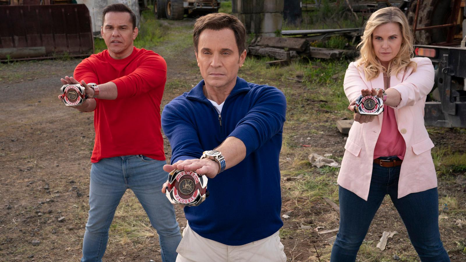 Steve Cardenas, David Yost, and Catherine Sutherland in Mighty Morphin Power Rangers Once & Always on Netflix
