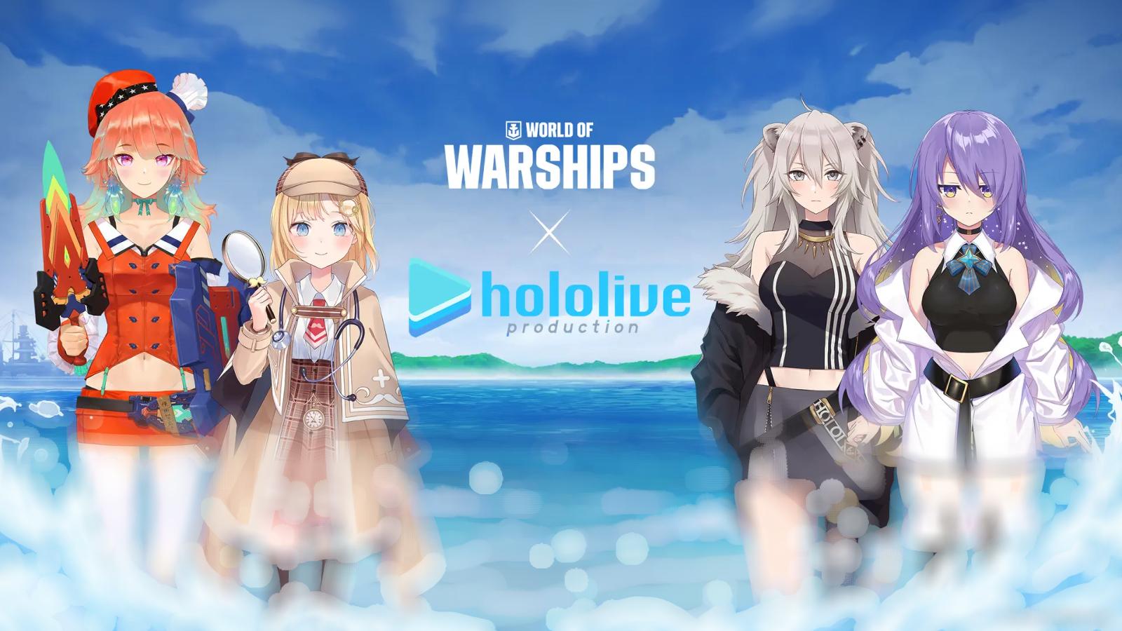 Hololive VTubers posing for World of Warships crossover event