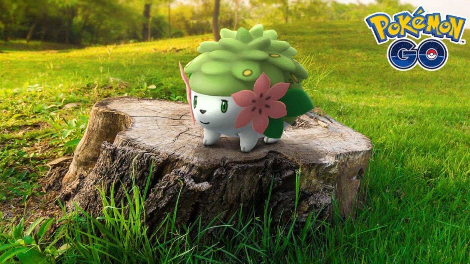 Pokemon Go Shaymin on a log