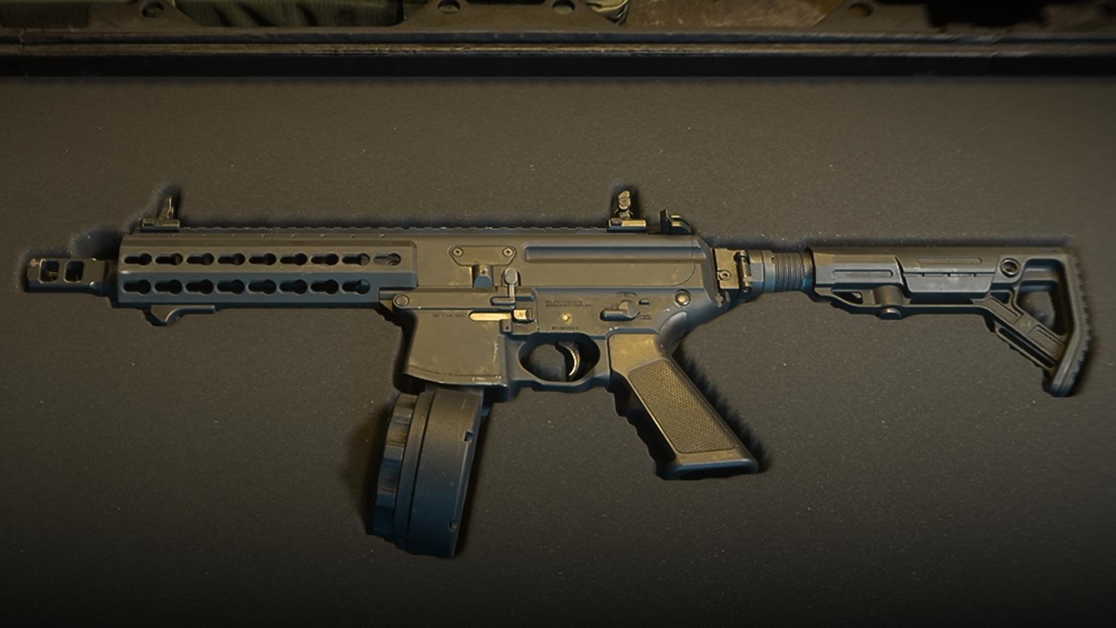 bas-p smg rested in weapon case on warzone 2 loadout select menu.