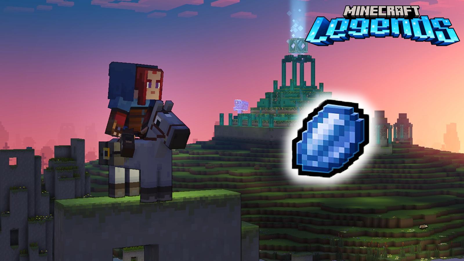a character in Minecraft Legends mounted on a horse and looking at Lapis with the game's logo on the top right