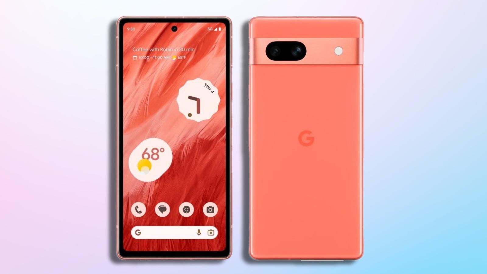 Pixel 7a coral colour on a gradient background