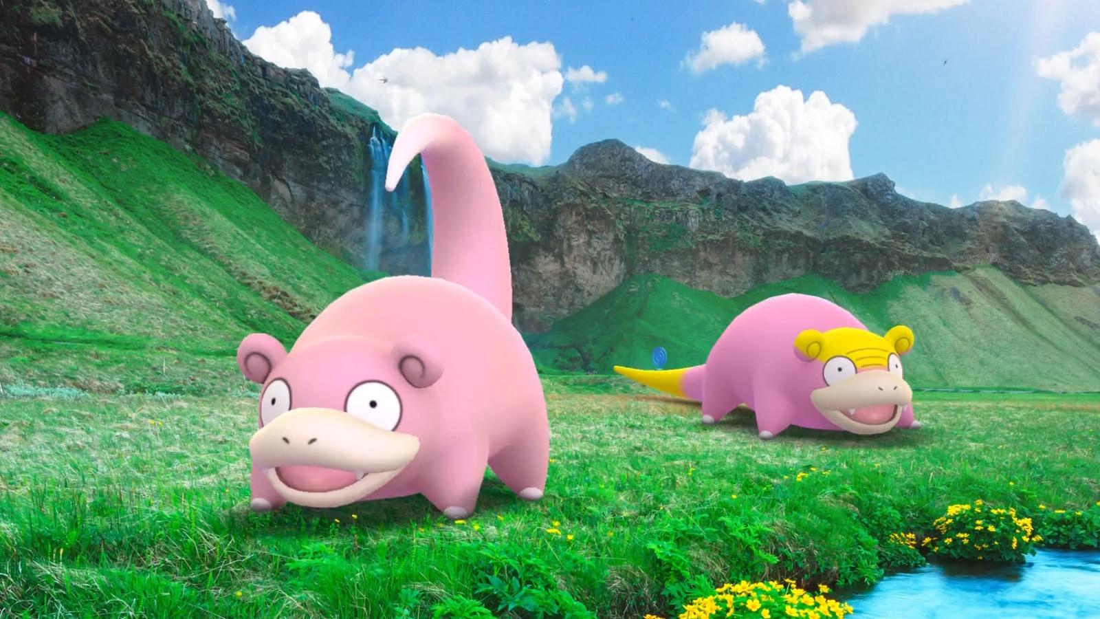 slowpoke and galarian slowpoke chilling on grass next to a small river.