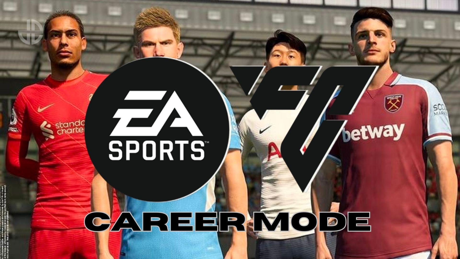 Van Dijk, De Bruyne, Son, and Declan Rice in FIFA 23 with EA SPORTS FC logo and career mode text