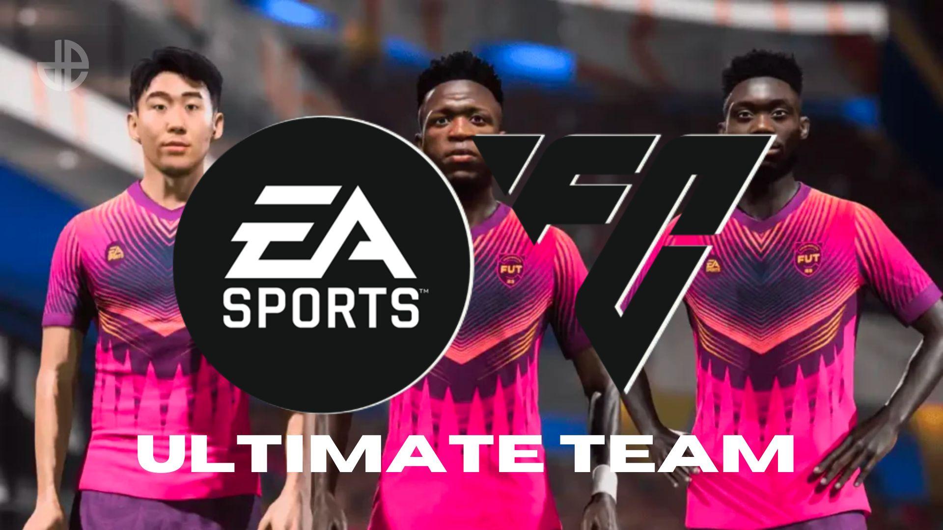 Heung Min-Son, Vinicius JR, and Alphonso Davies in FIFA 23 pink kits around EA SPORTS FC logo