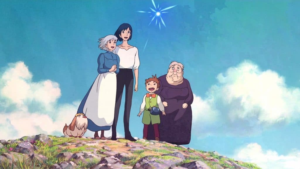 An image of Sophie and Howl with their friends in Howl's Moving Castle