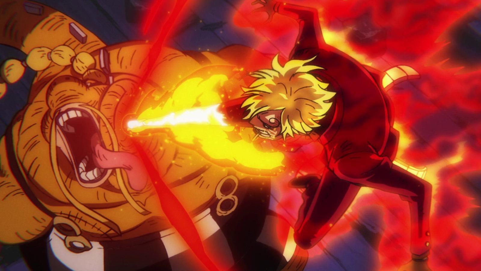 An image of Sanji using Hell Memories technique against Queen in One Piece