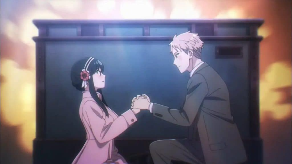 An image of Loid proposing to Yor in Spy X Family