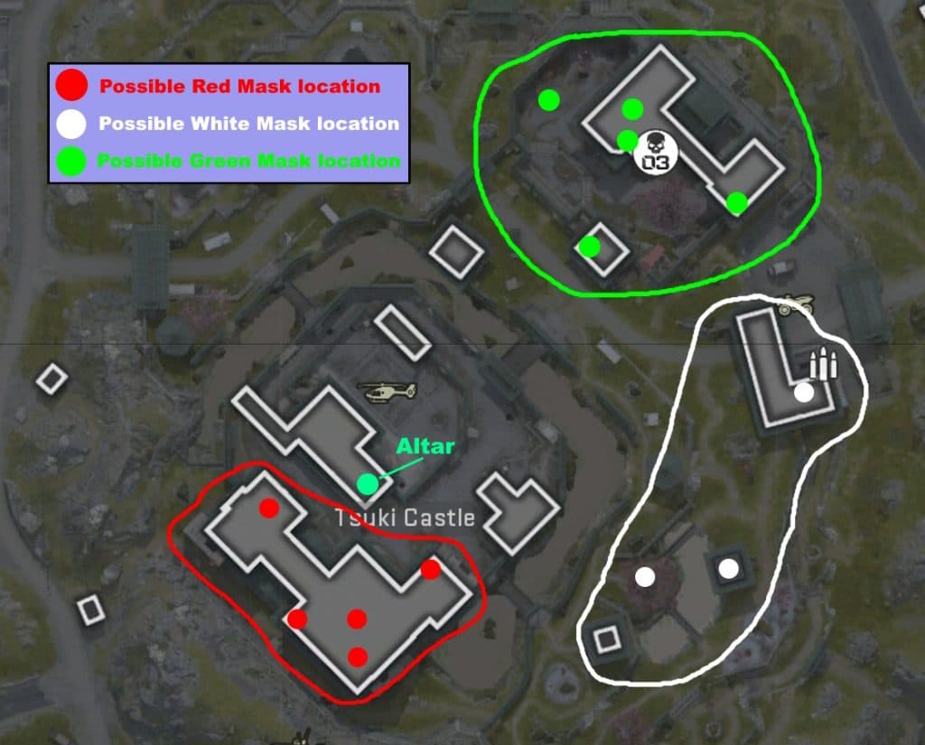 detailed map showing the mysterious item locations in Warzone 2's Tsuki Castle point of interest.