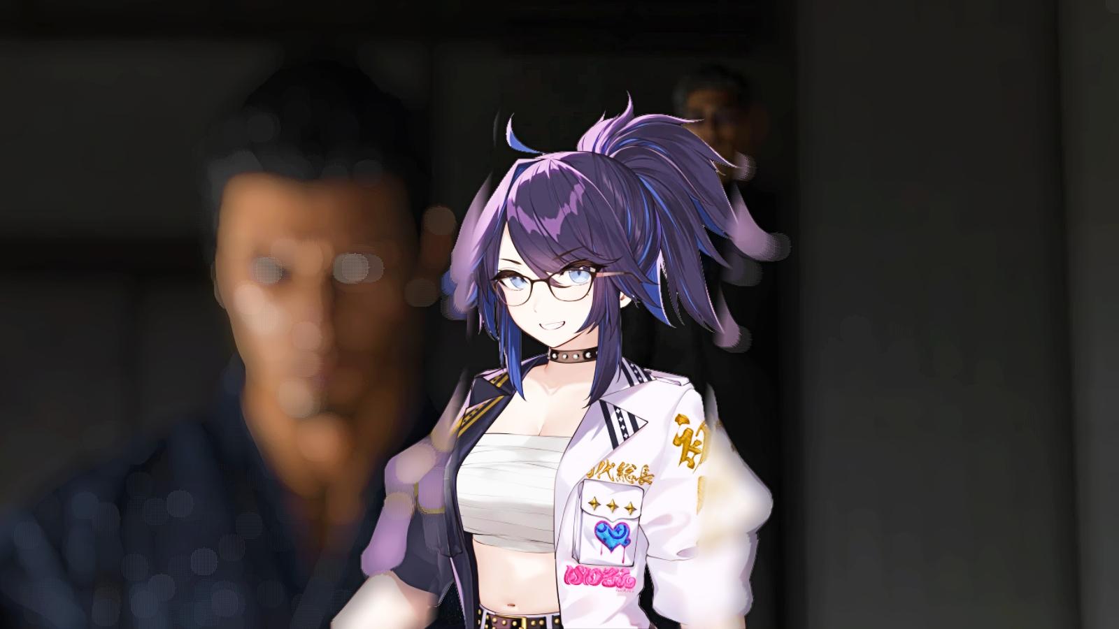 VTuber Kson standing in front of clip from Like A Dragon: Gaiden
