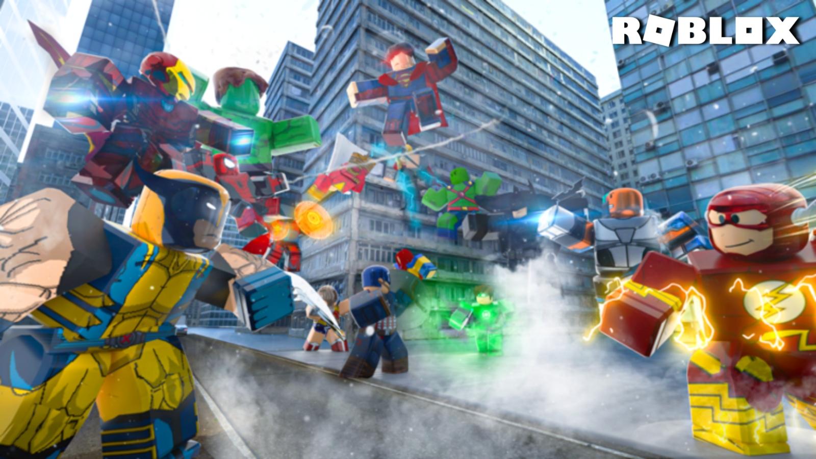 Roblox Hero and Villain Battlegrounds key art with Marvel and DC characters