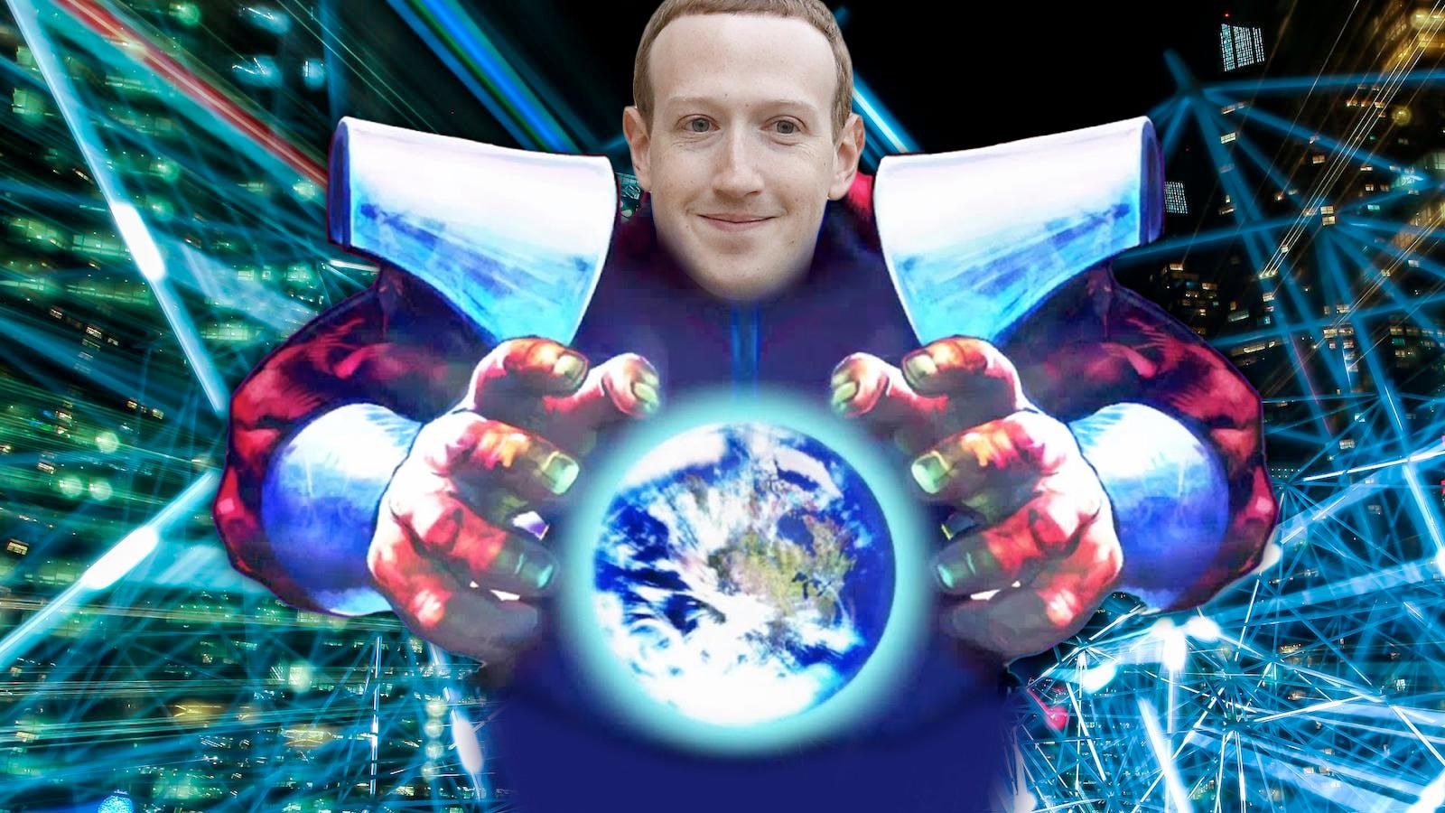 Mark Zuckerberg of Meta as M.Bison with his hands grasping the world