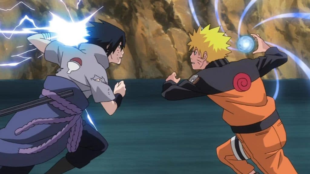An image of Naruto vs Sasuke using Ninjutsu