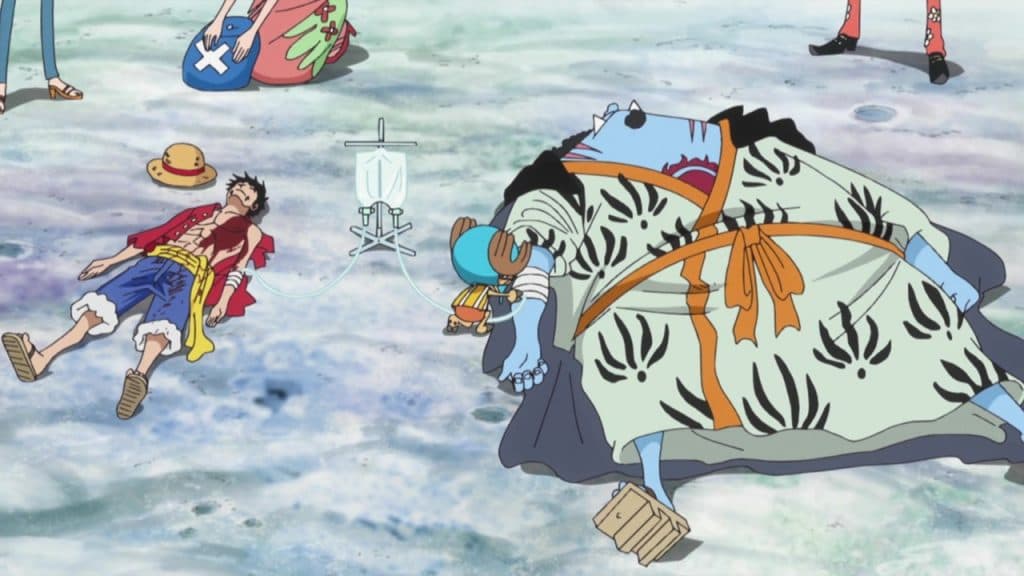 An image of Jinbe transfusing his blood with Luffy in One Piece