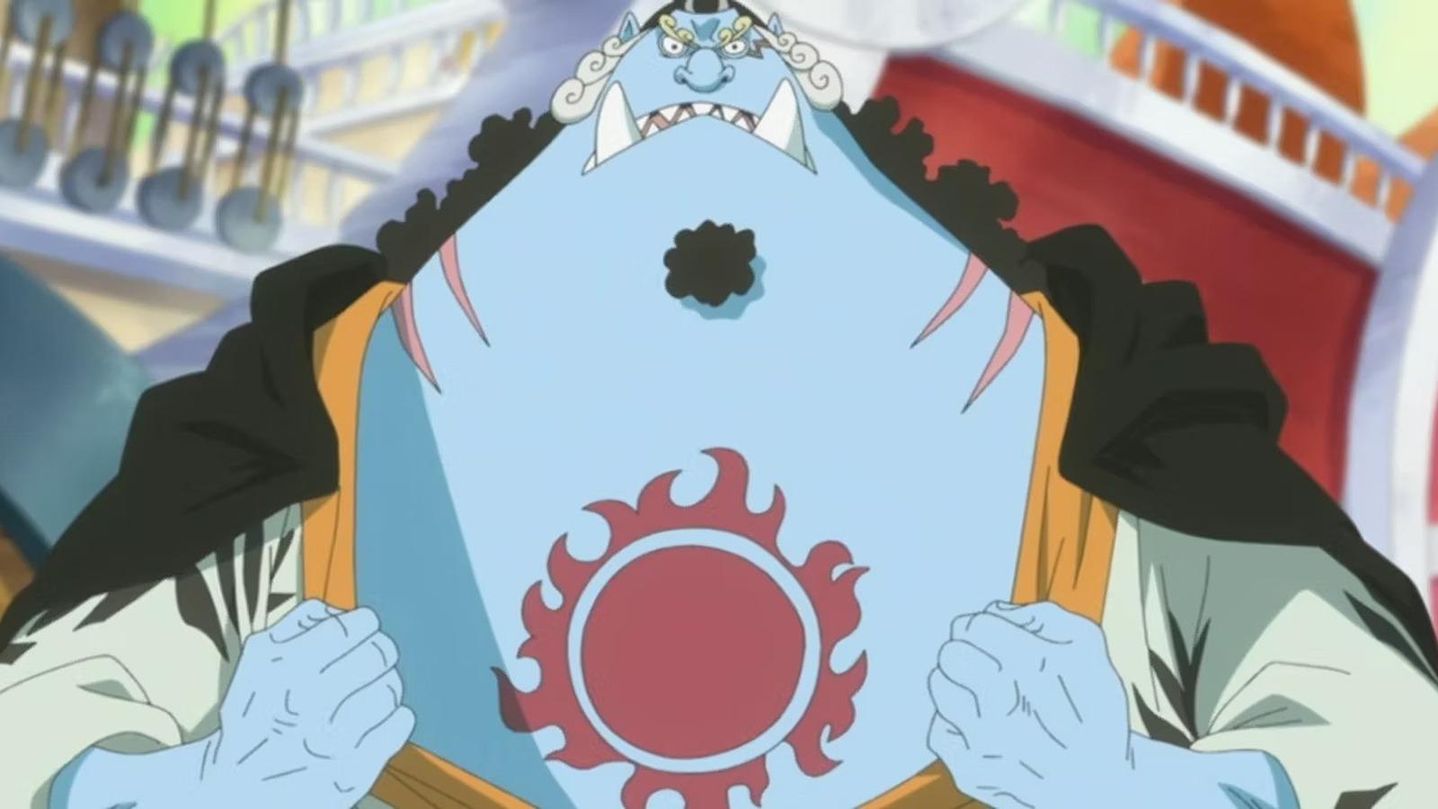 An image of Jinbe revealing the mark of the Sun Pirates in One Piece
