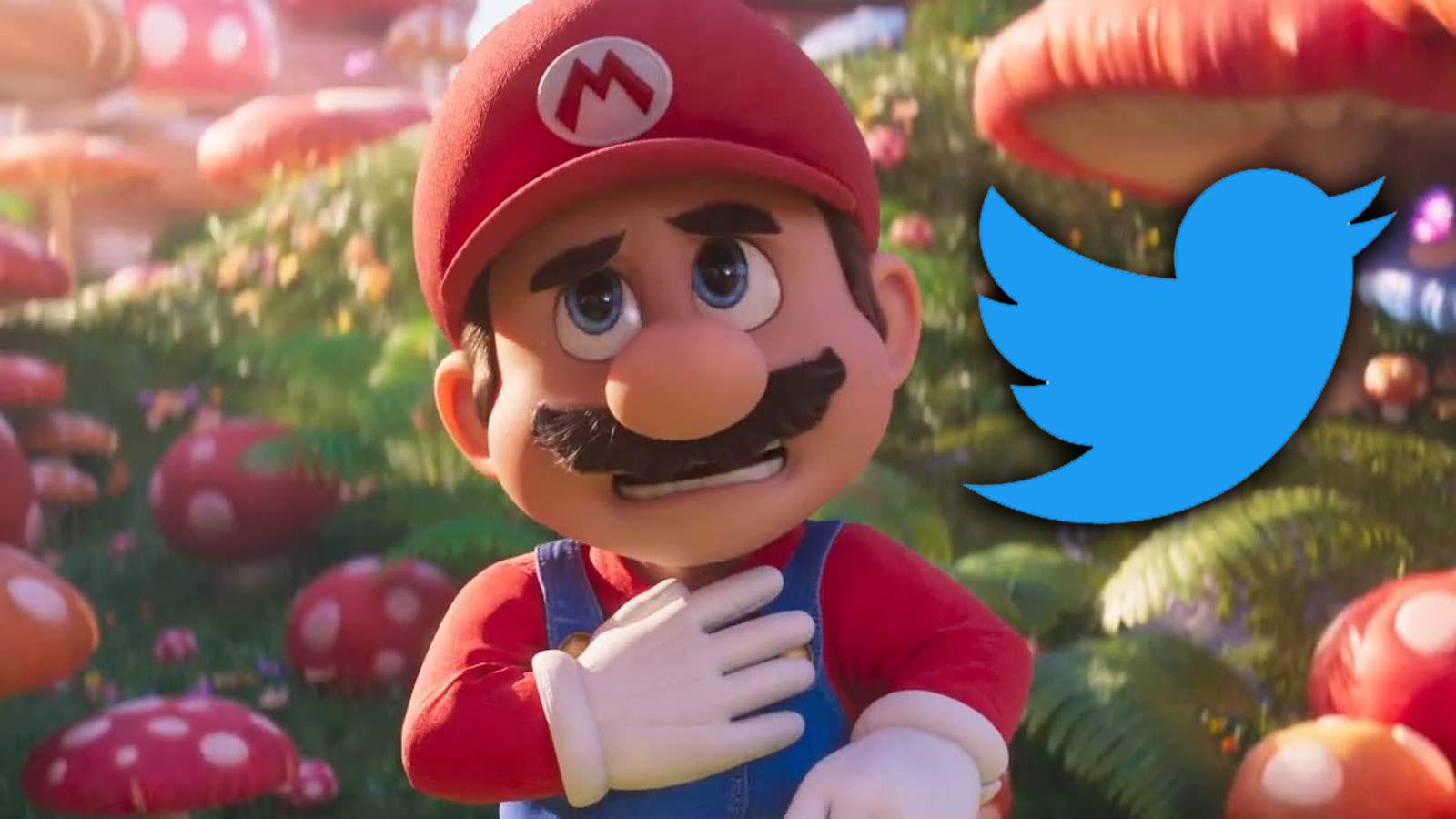 Mario from Super Mario Bros movie next to Twitter logo