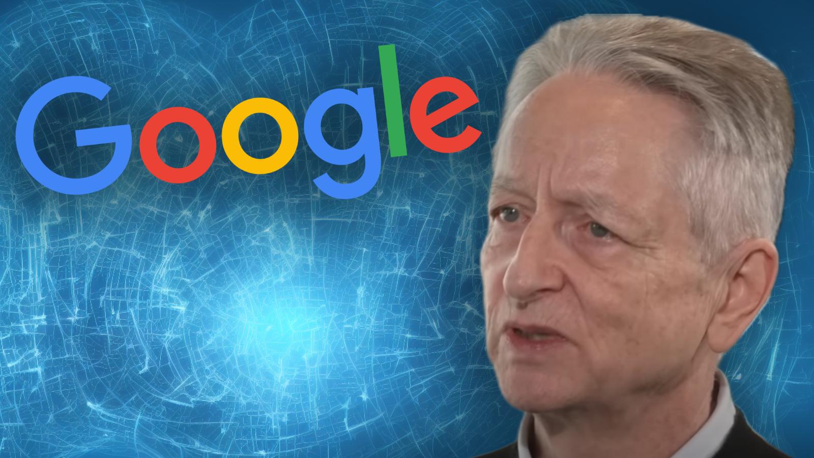 Geoff Hinton with Google logo on blue background